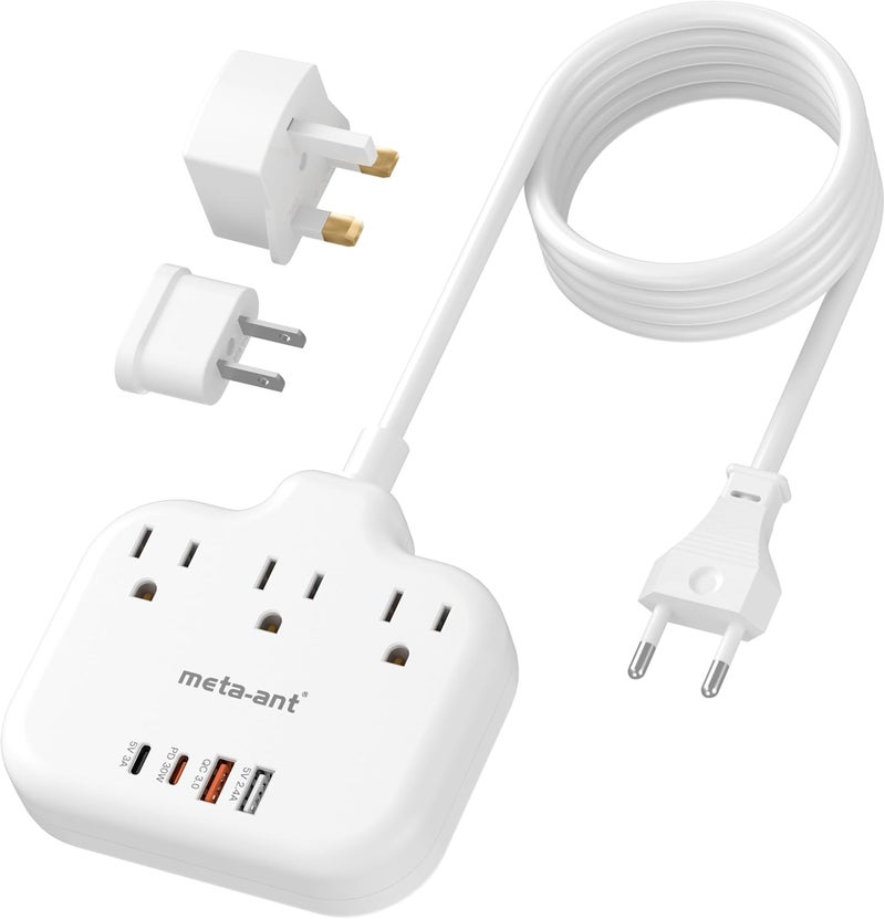 meta-ant PD30W European Travel Plug Adapter, International Power Strip with 3 Outlets 4 USB Ports(2 USB-C), Universal Travel Adapter with 5ft Extension Cord for EU US UK Europe France Spain - Image 1